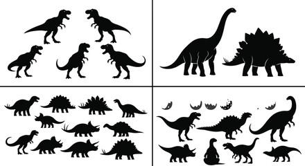 Set of Dinosaur Silhouettes Featuring T‑Rex, Stegosaurus, Triceratops, and Sauropods for Prehistoric Vector Illustrations © MdShahinnur