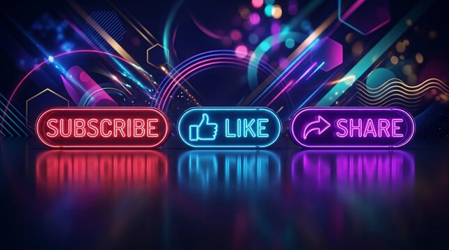 Neon social media buttons featuring subscribe like and share icons with glowing light effects on a dark background surface