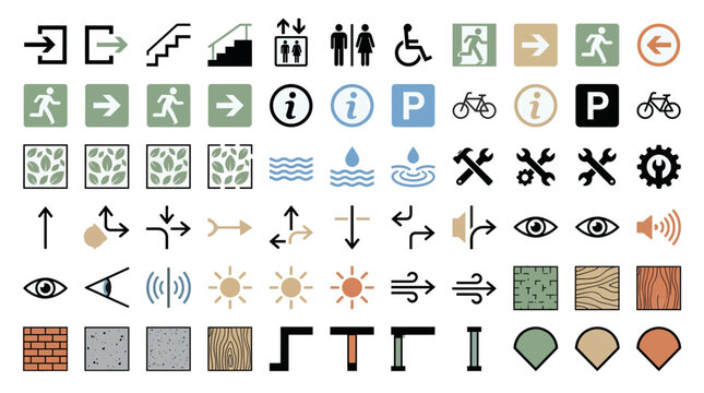 Architectural legend symbol vector set with entry, stairs, elevators, parking, routes, zones and presentation map markers