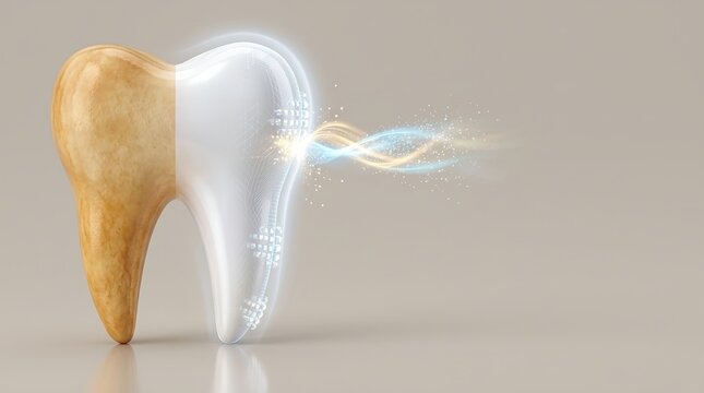 Human tooth showing transition from stained yellow to bright white enamel using advanced dental whitening technology and glowing light effects