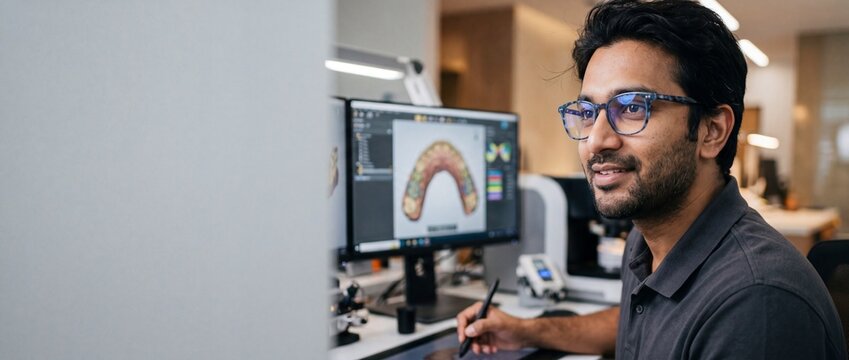 Dental technician designing 3D teeth model in modern laboratory clinic. Professional Indian prosthodontist with glasses using a digital pen tablet for computer-aided CAD CAM dental restoration design.