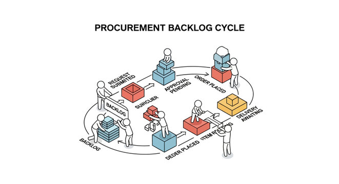 Illustrated Procurement Backlog Cycle with Workers and Goods.