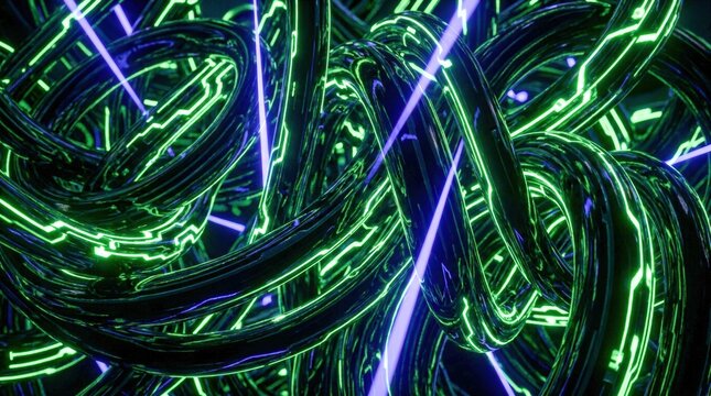 Abstract glowing green and blue futuristic network of cables.