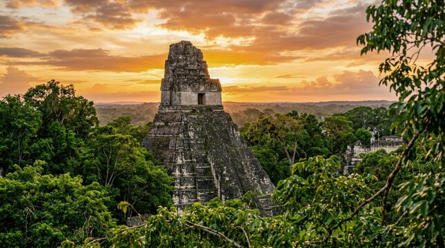 Ancient Mayan Pyramid at Sunset in Tikal Jungle.