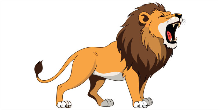 Roaring lion cartoon character vector illustration isolated on white background.Angry male lion roaring with open mouth wild animal vector.Mighty roaring lion predator mascot graphic element