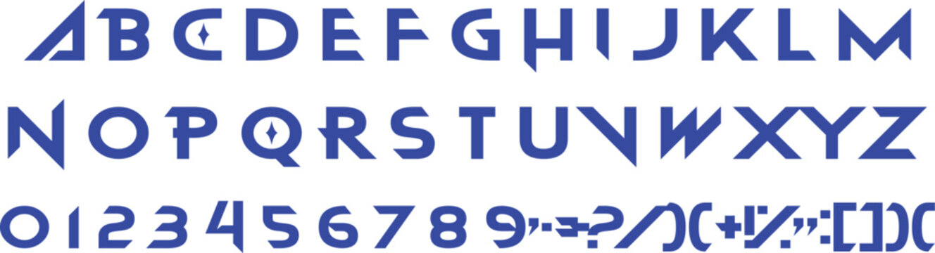 Modern Geometric Alphabet Font Set with Numbers and Symbols. Clean Angular Typography Collection for Technology Branding and Contemporary Lettering Design