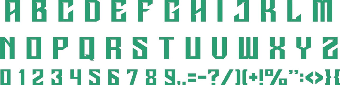 Modern Geometric Alphabet Font Set with Numbers and Symbols. Minimal Block Typography Collection for Technology Branding and Creative Lettering