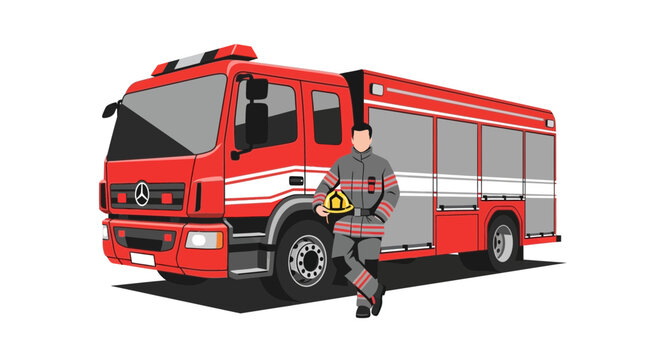 Firefighter Standing Beside Emergency Fire Truck Illustration