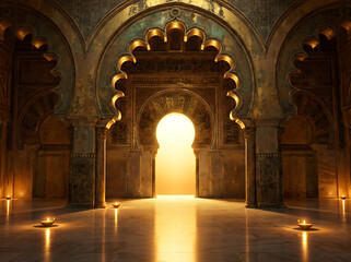 Fototapeta premium Golden Moorish Mosque Interior Warm Light Candles Glow