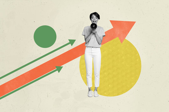 Image zine trendy pop collage of happy businessman businesswoman stand arrow development success statistics aim achievement