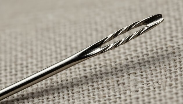 Extreme macro shot of a metallic darning needle with a wire eye lying on textured woven linen fabric, representing craftsmanship and tailoring industry concept