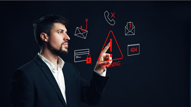 Man pointing at warning symbols about scam call messages and threats to security