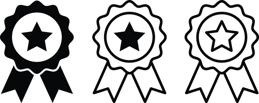 Black award ribbon badge set with star and checkmark recognition icons