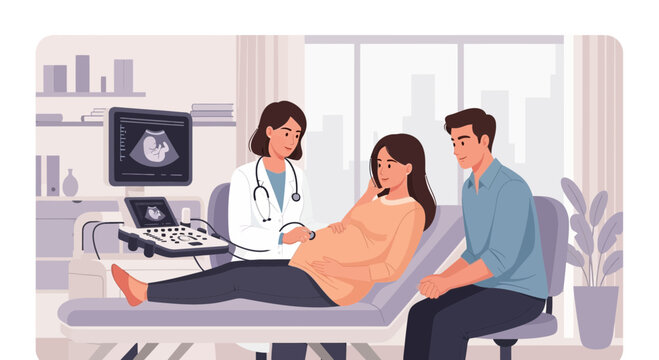 Expecting Couple During Ultrasound Scan with Doctor in Clinic