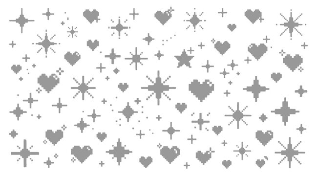 Retro Pixel Star and Heart Icons with Shiny Y2K Aesthetic Design Elements