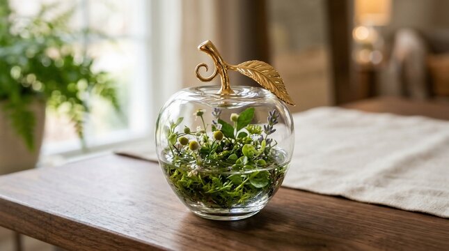 Glass terrarium with green plants and gold leaf decoration on wooden table