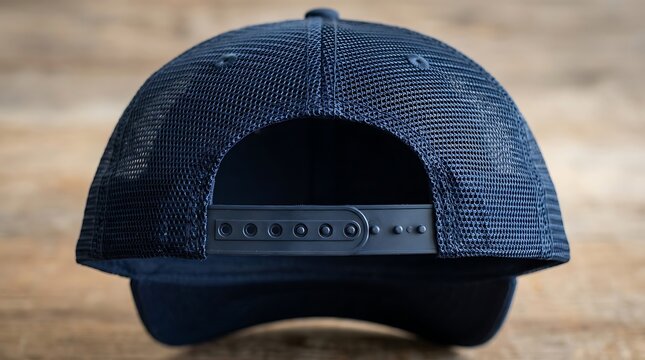 Rear View of Navy Blue Mesh Trucker Hat with Snapback Closure