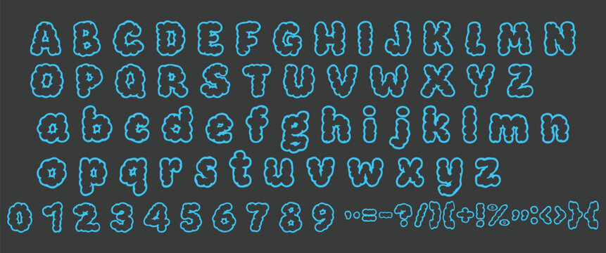 Neon Outline Alphabet Font Set with Uppercase Lowercase Numbers and Symbols. Modern Digital Typography Collection for Technology Branding. Futuristic Lettering Design