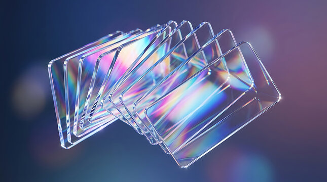 Abstract composition of vibrant transparent glass plates featuring prismatic light dispersion and spectrum refraction against a minimalist soft blurred pastel gradient background