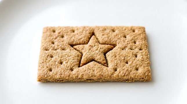 A single graham cracker with a star indentation, highlighting its baked texture and inviting form