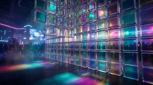 Vibrant neon geometric mosaic featuring glowing colorful squares and bright light boxes creating a dynamic backdrop for festive parties or immersive gaming room environments.