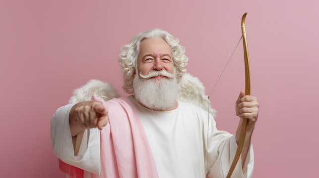 Cheerful senior angel with bow pointing on pink background