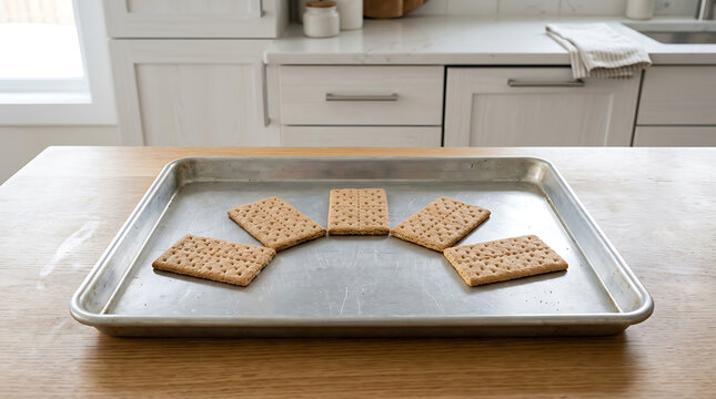 Five Graham Crackers Arranged on a Metal Baking Tray in a Kitchen Setting