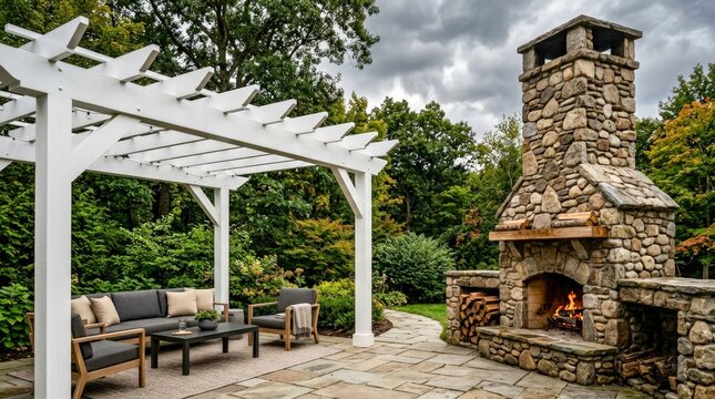 Elegant outdoor patio with white pergola stone fireplace and comfortable seating.