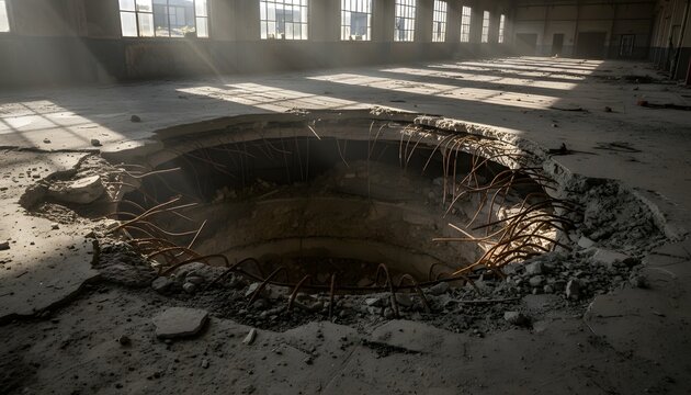 Large gaping hole in a collapsed concrete factory floor with exposed rusty rebar and dramatic sunbeams for structural failure and collapse concept