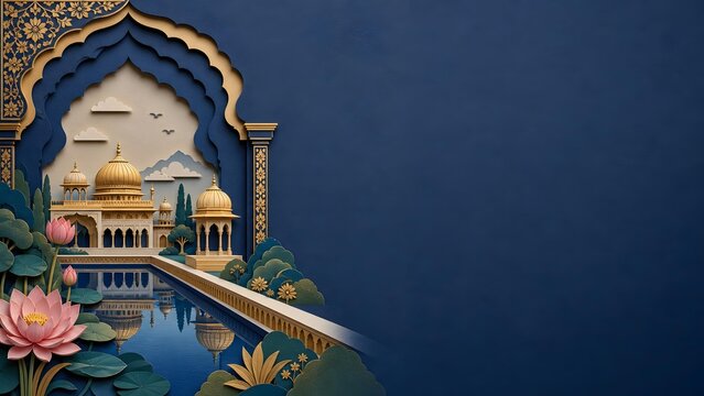 3D Paper Cutout Palace Courtyard Reflection in Water Pool with Pink Lotus Flowers for Elegant Travel Banner, Traditional Indian Architecture Greeting Layout, and Dark Blue Background
