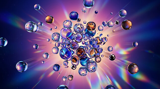 Dynamic abstract composition of shimmering glass spheres exploding in mid-air against a vibrant colorful gradient background with cinematic lighting and futuristic 3d geometric shapes