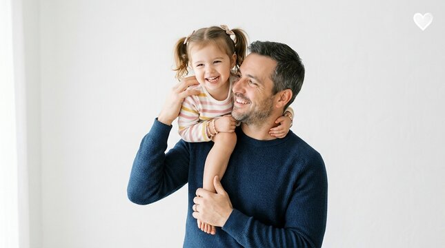 Father carrying happy little girl on shoulders in loving embrace