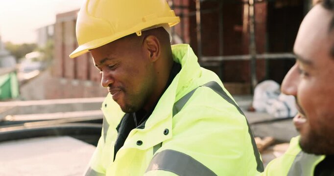 Lunch, construction or men with conversation on break, funny story or relax together at building site. Happy friends, engineers and eating outdoor for rest, development and hungry people with joke