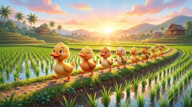 Happy ducklings walking on rice field path at sunrise