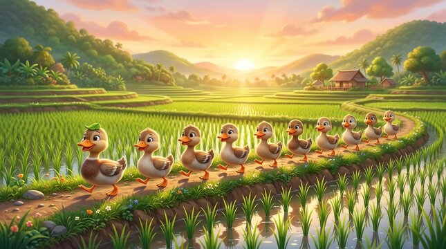 cute ducks walking on rice field path at sunset