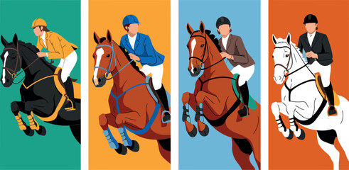 Fototapeta premium Equestrian Show Jumping Vector Illustration Set Featuring Female Jockeys Racing and Leaping on Thoroughbred Horses for Sports Tournament and Competition Graphic Designs
