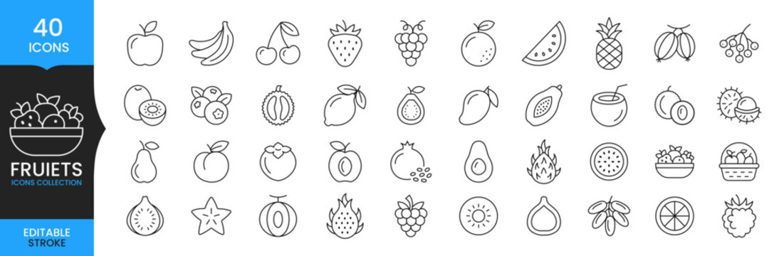 Fruit Icons Collection, Fresh Fruit Line Icon Set, Healthy Food Vector Symbols, Editable Stroke Fruits Illustration, Organic Nutrition Icons