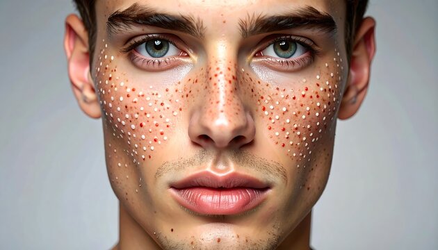A close-up of a man's face with markings on his cheeks
