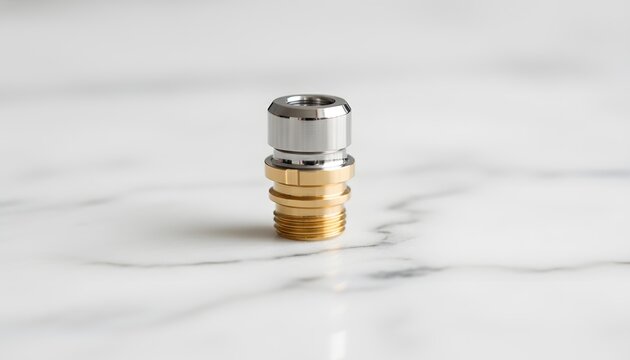 Precision titanium convertible abutment for denture sitting on a white marble background for advanced implantology and modern dental restoration concept