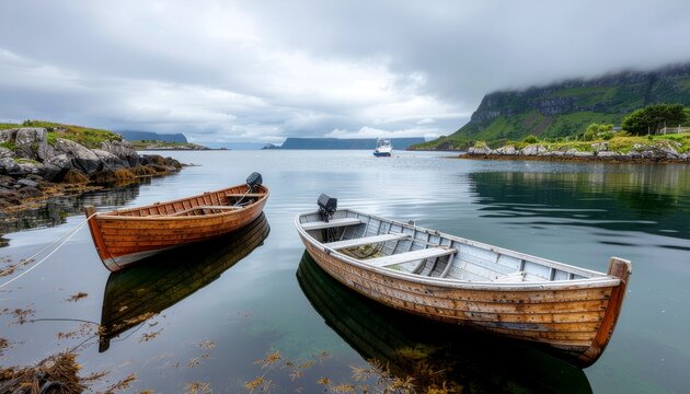 Traditional Wooden Boats Anchored in a Scenic Norwegian Fjord