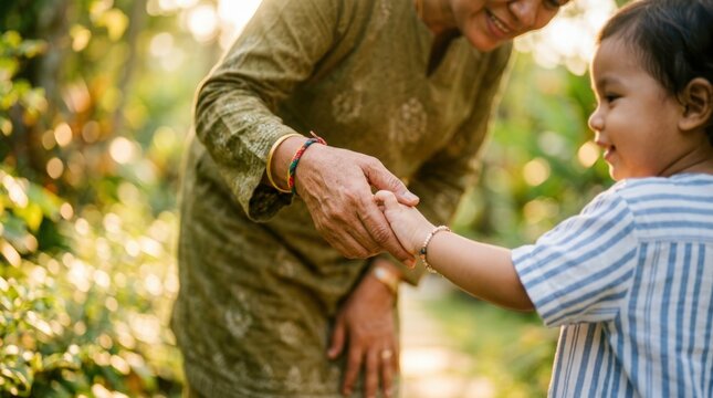 Loving adult holding a childs hand in a sunlit garden.