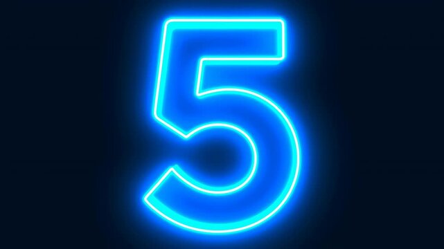 Glowing blue neon number five animation on black background