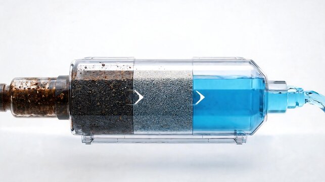 Water filtration system showing contaminated water passing through layers of filtration media, resulting in clean water output, demonstrating effective water purification technology
