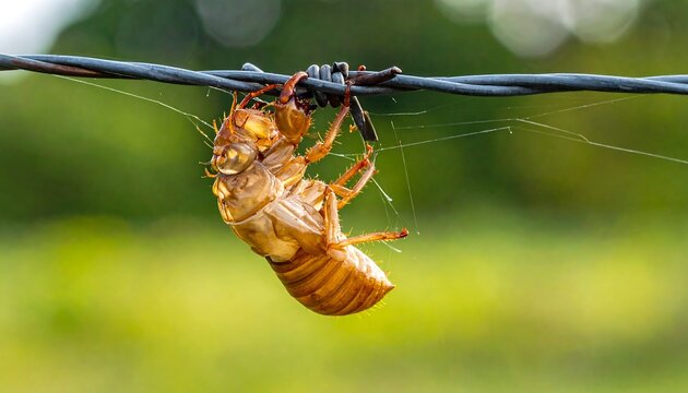 A cicada exoskeleton hangs upside down on a black wire, transitioning from light brown to dark brown, with visible sections and legs against a blurred green background