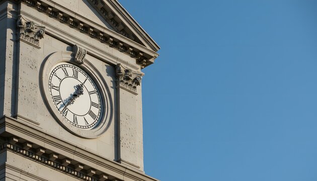 Traditional courthouse clock tower face with Roman numerals against a clear blue sky, representing time management and legal deadline concept