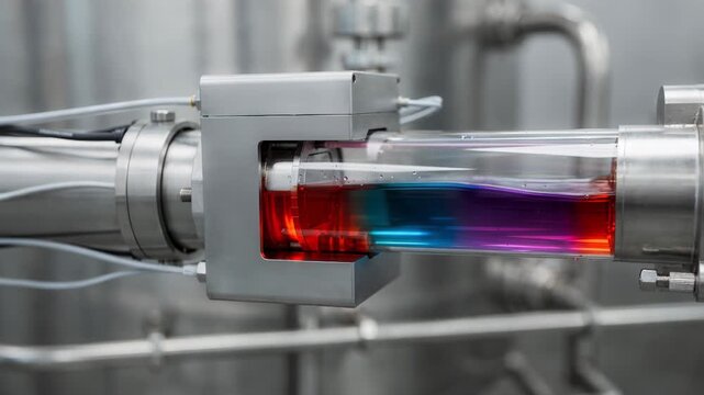 Closeup medium view of an inline sensor using UVvisible spectrophotometry to assess dye concentration in a continuous chemical processing line with vibrant color detection