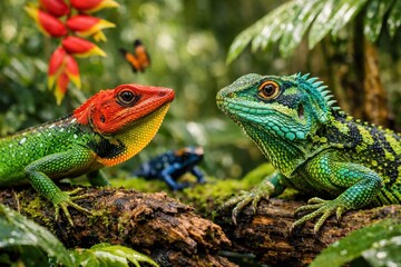 Fototapeta premium Colorful tropical lizards facing each other on jungle branch with vibrant exotic rainforest wildlife scene