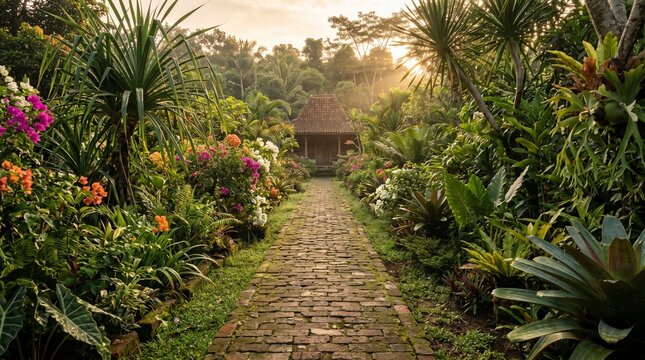 Traditional Javanese wooden house at the end of a stone brick path in a lush tropical garden during golden hour, peaceful eco-tourism resort and hospitality concept.