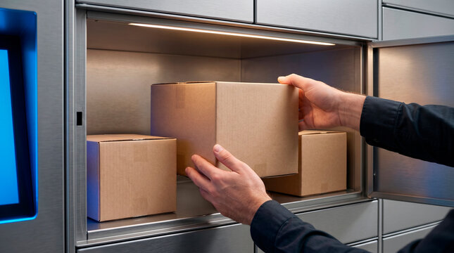 Person placing cardboard boxes into a modern automated parcel locker