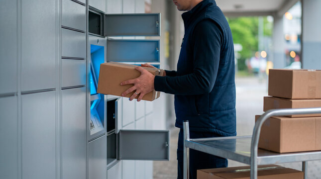 Delivery person placing a package into a smart locker for convenient parcel pickup